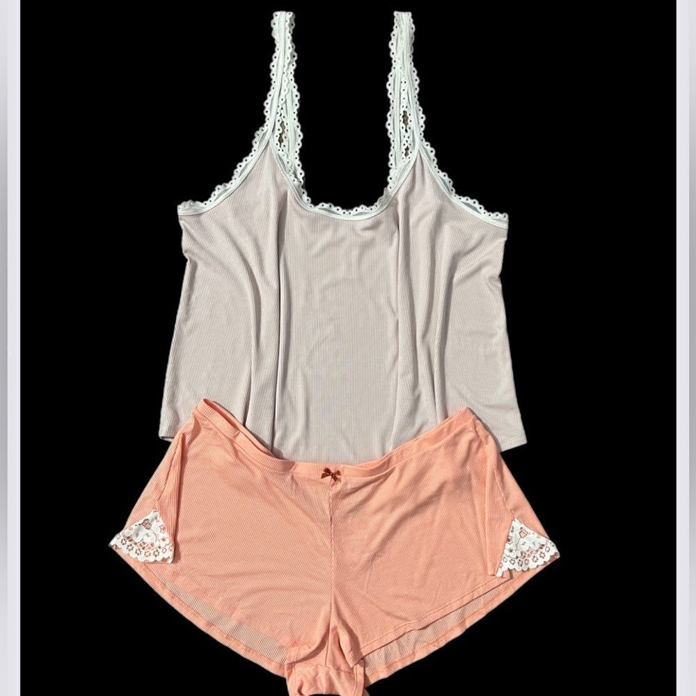 Victorias Secret Ultra Soft Ribbed Cami Tank & shorts pajama set pink coral L